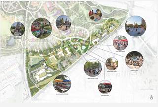 The Plaza and Play project is outlined on a map that highlights in circle diagrams the park's key features, which include unique play spaces, a civic plaza, fountains, gardens, areas to cookout, and a restored historic house.